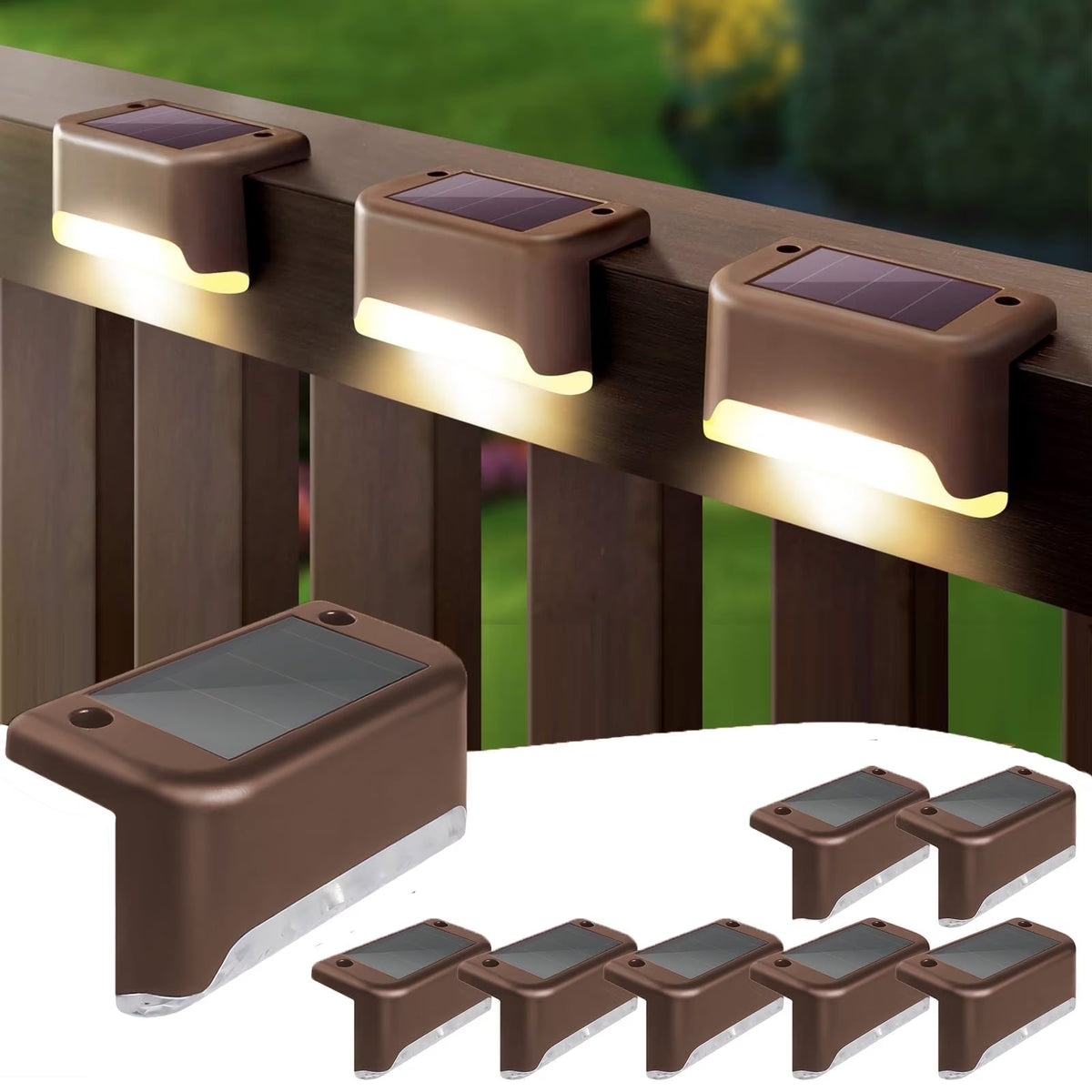 8PCS Outdoor Solar Deck Lights, Waterproof Solar Step Lights, LED Solar Lights for Outdoor Stairs Fence Yard Patio Railing Garden Pathway Christmas Decoration Lights(Brown-Warm White)