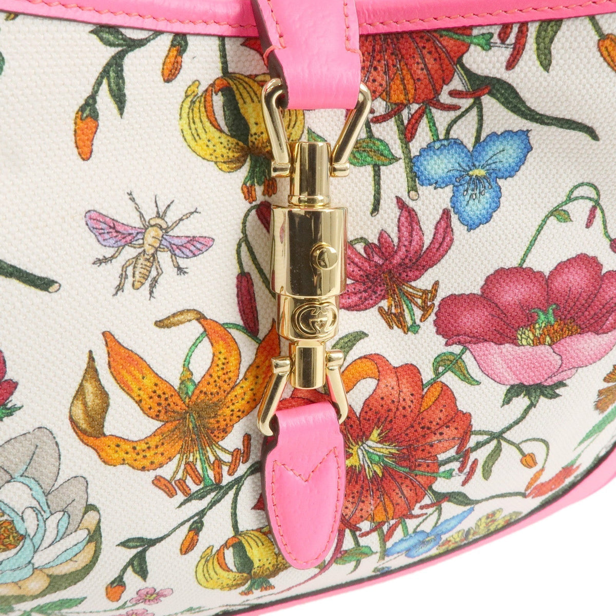 GUCCI New Jackie Flora Canvas Leather Shoulder Bag Pink 550152