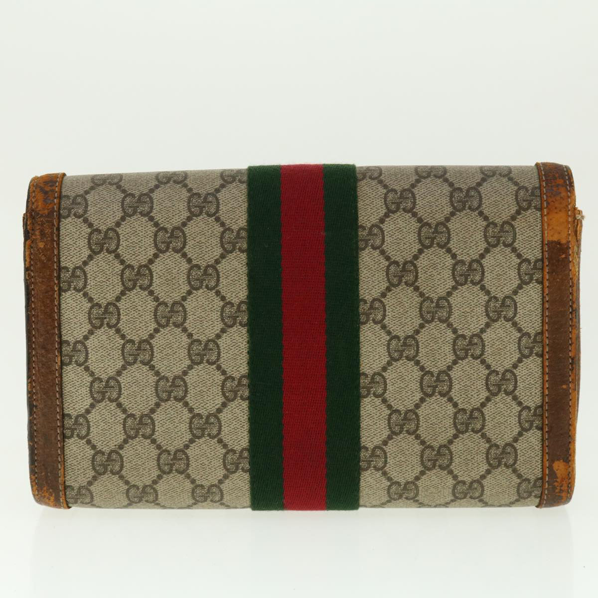 GUCCI Web Sherry Line GG Canvas Clutch Bag PVC Leather Beige Green Auth 40002
