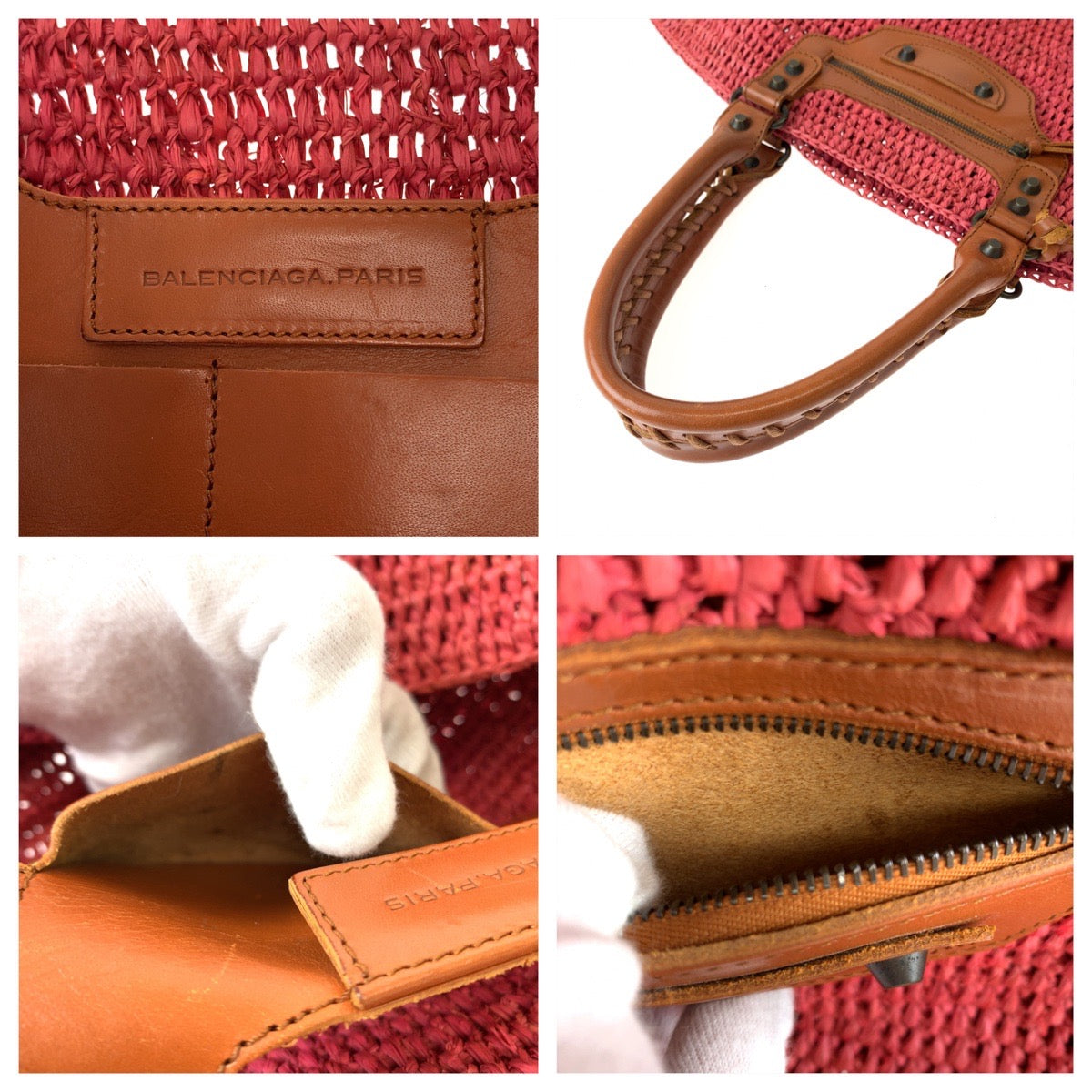 balenciaga Pink Brown Straw Leather Tote Bag
