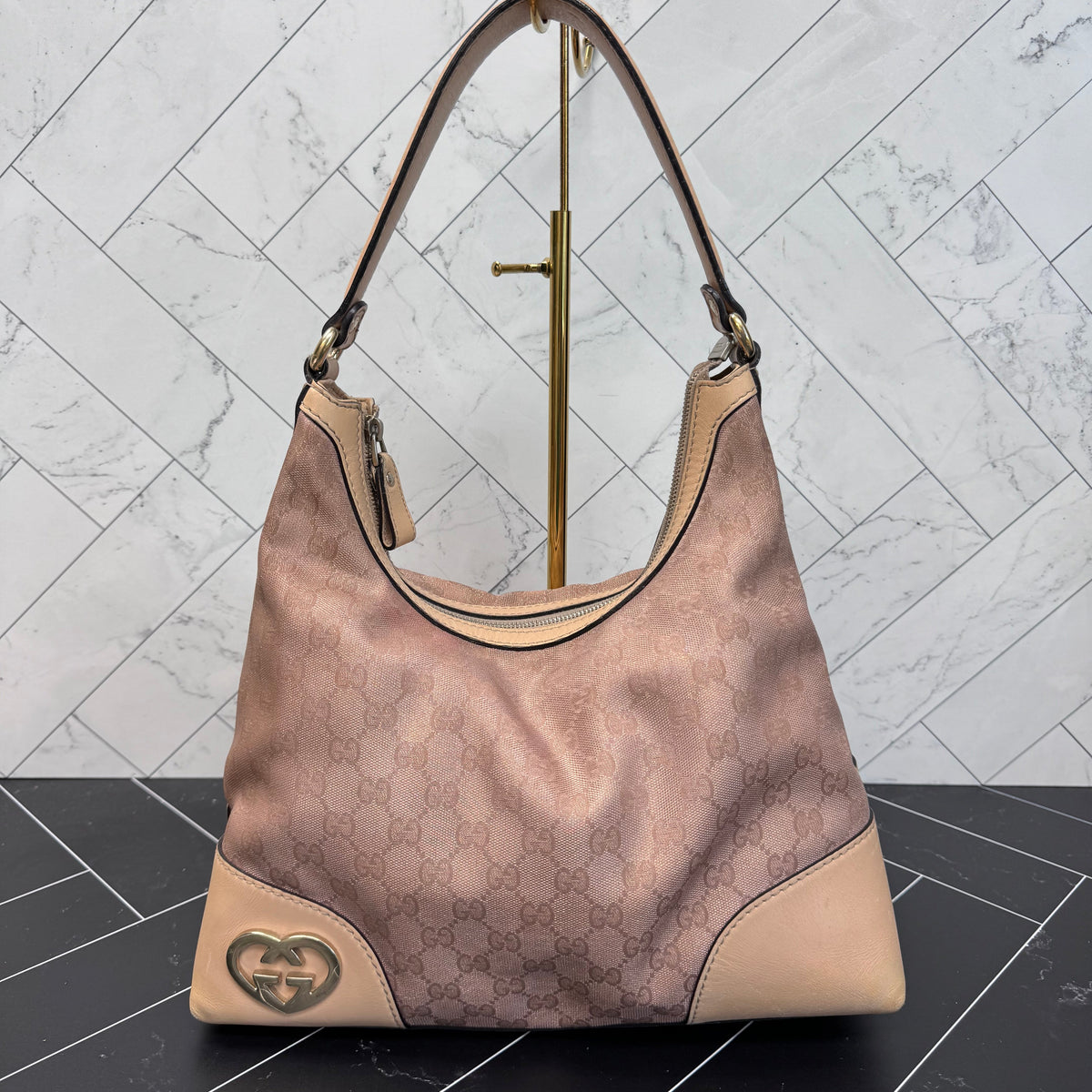 Gucci Rose Gold Canvas GG Heart Shoulder Bag