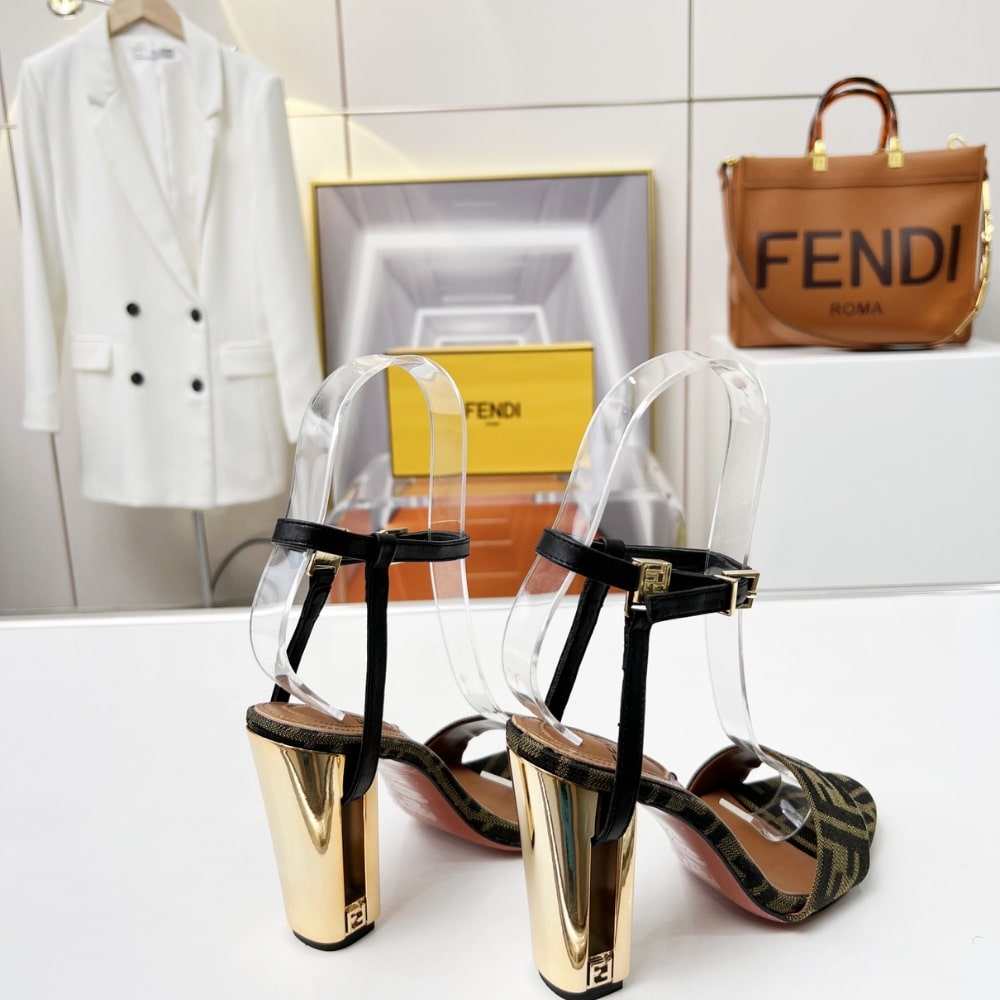 FD DELFINA  FF JACQUARD MEDIUM HEELED SANDALS BROWN  8X8663AJZFF1D1C