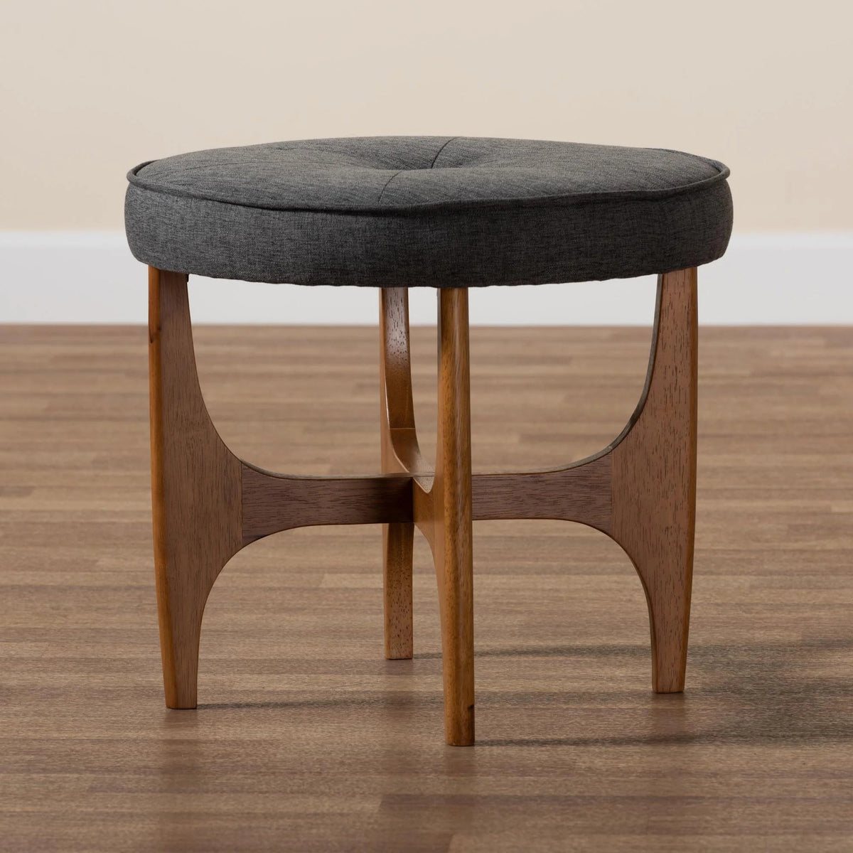 Theo Japandi Greyish Beige Fabric and Walnut Brown Finished Wood Ottoman Footstool