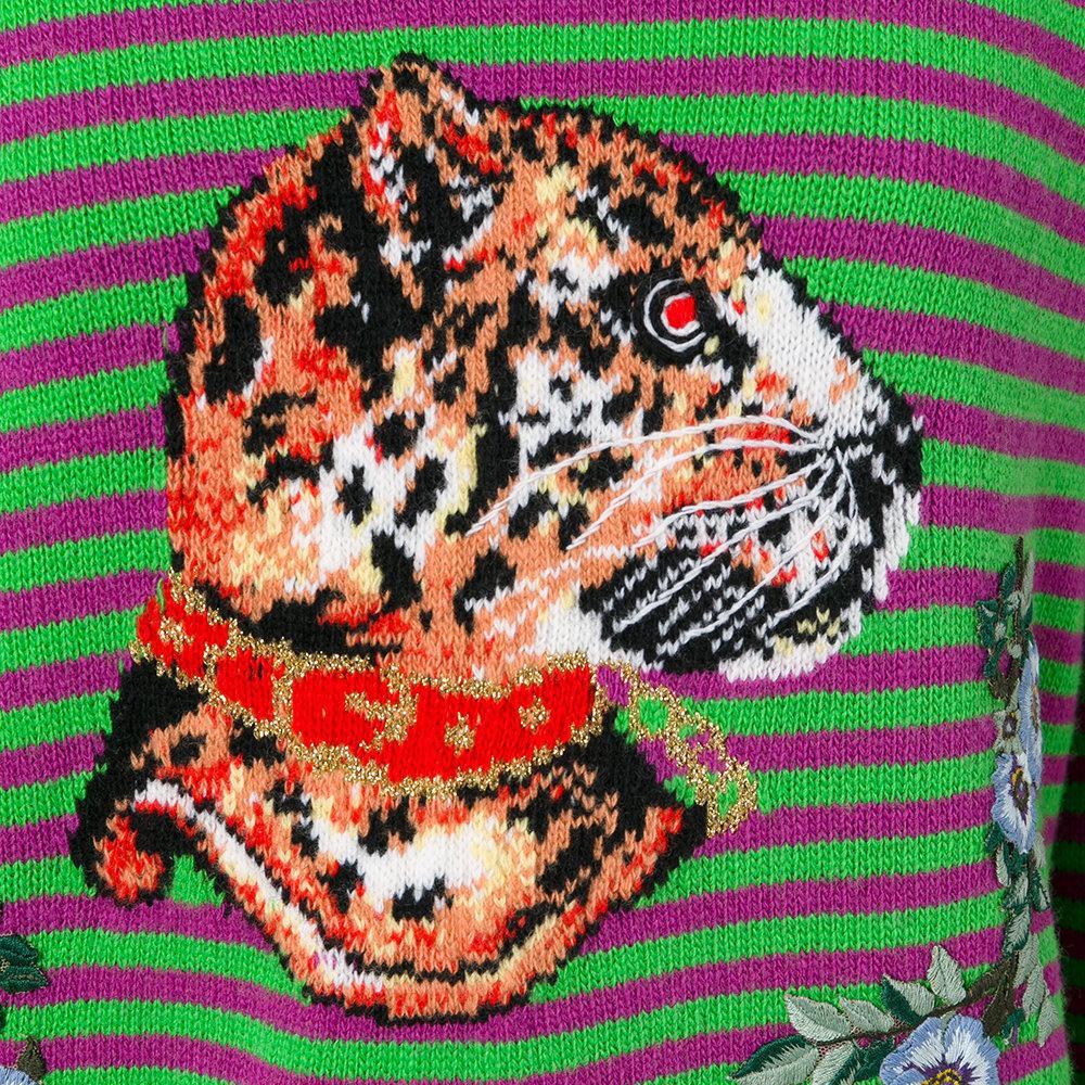 Gucci Women's Wool Striped Leopard Head Sweater Green