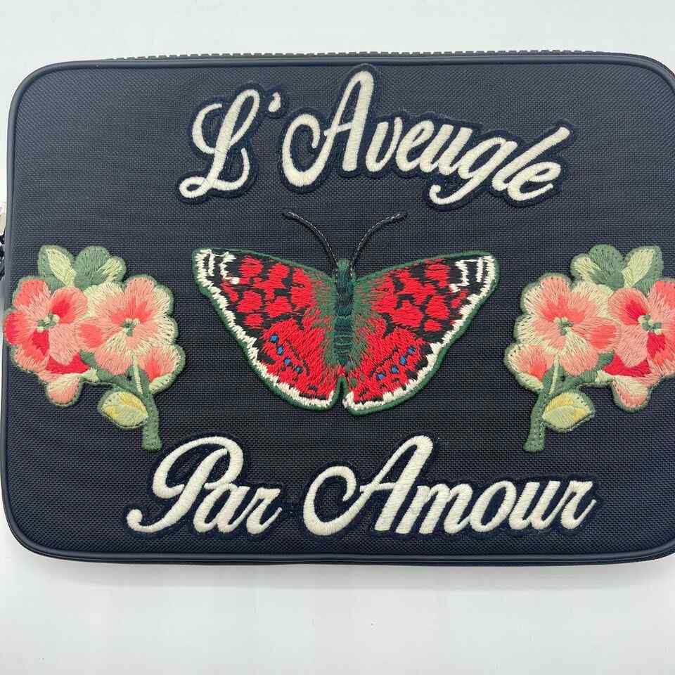 Gucci Women's Black Techno Canvas Embroidered Butterfly iPad Case Clutch