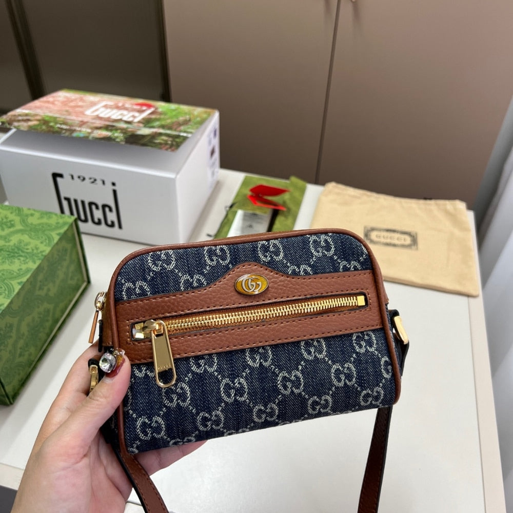 GG OPHIDIA SHOULDER BAG GG DENIM MINI BLUE AND EBONY 17CM