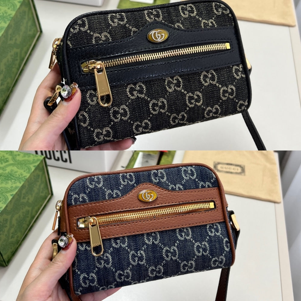 GG OPHIDIA SHOULDER BAG GG DENIM MINI BLUE AND EBONY 17CM