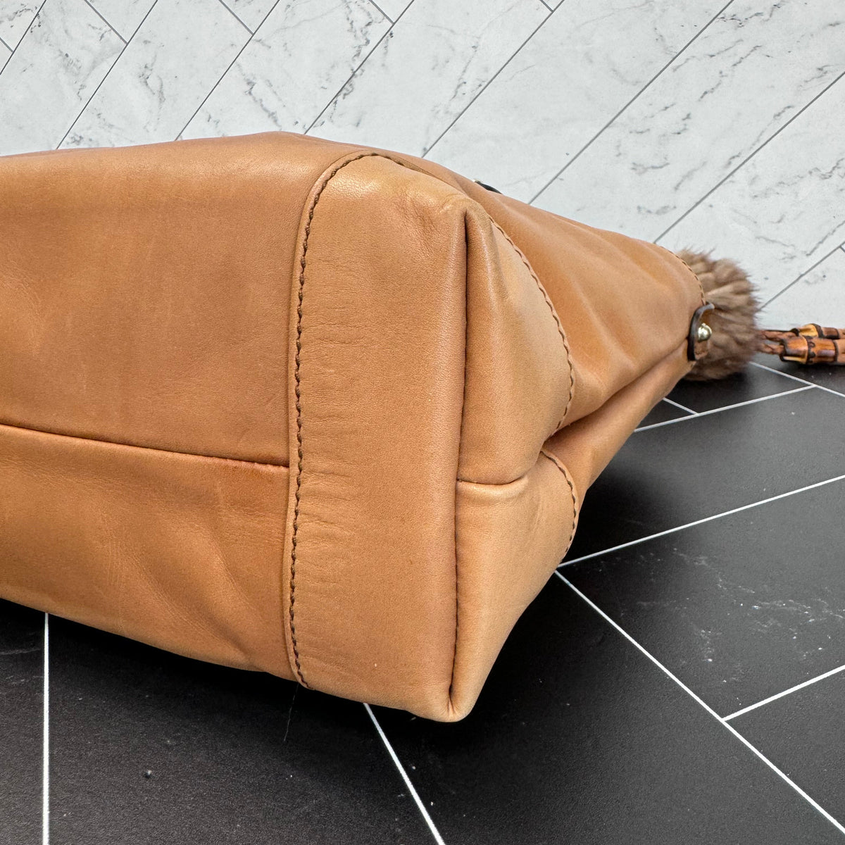 Gucci Tan Leather Craft Bag with Fur Pouch