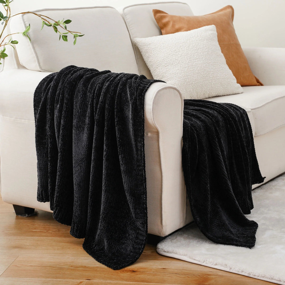 Black Chenille Throws for Couch,Soft Lightweigt Knitted Blanket for Living Room,51"X 67"