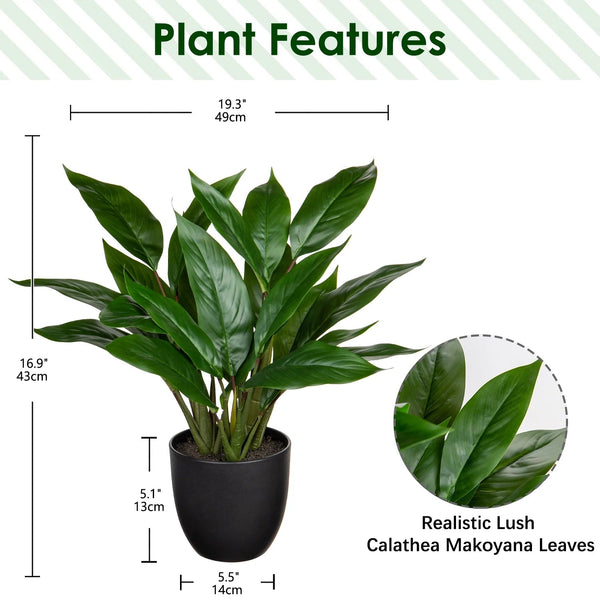 17'' Artificial Potted Plants Fake Greenery Cast Iron Plant Indoor Realistic Faux Plants with Black Pot Home Decor