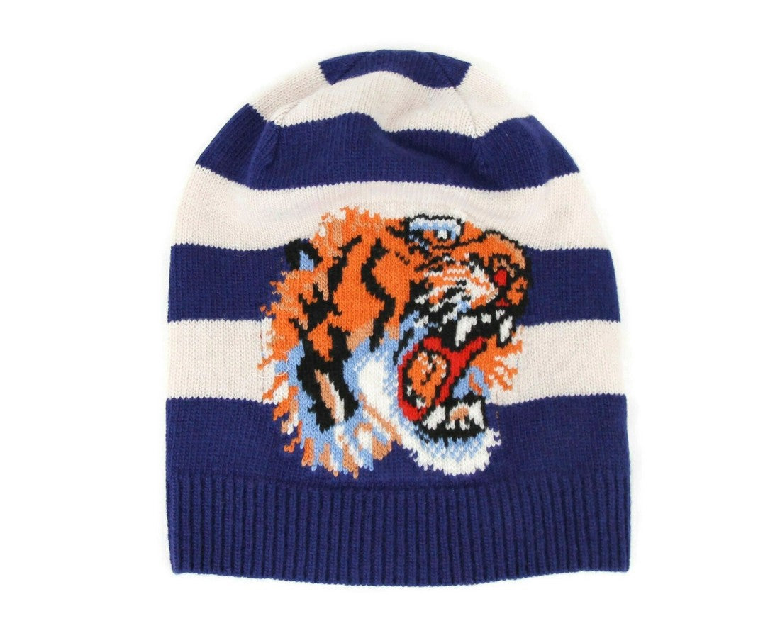 Gucci Men's Blue / White Striped Wool Knit Beanie Hat With Tiger Head M / 58