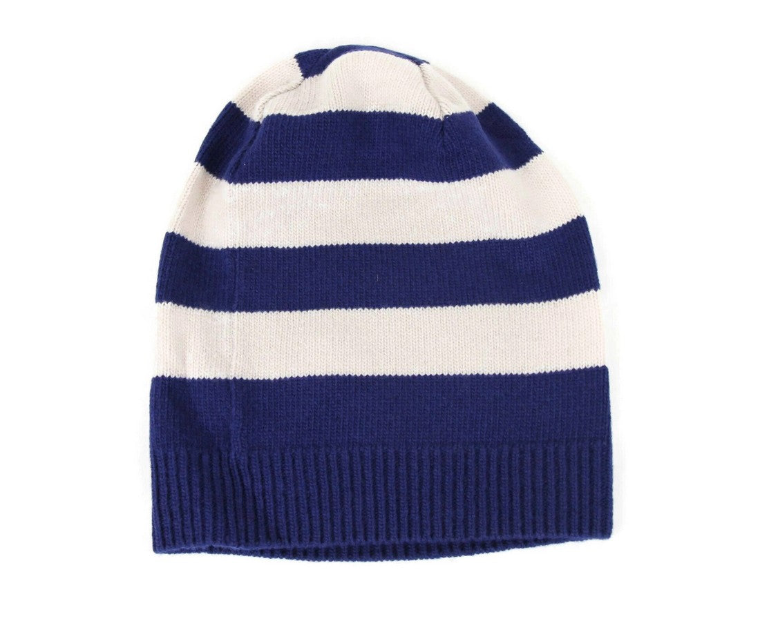 Gucci Men's Blue / White Striped Wool Knit Beanie Hat With Tiger Head M / 58