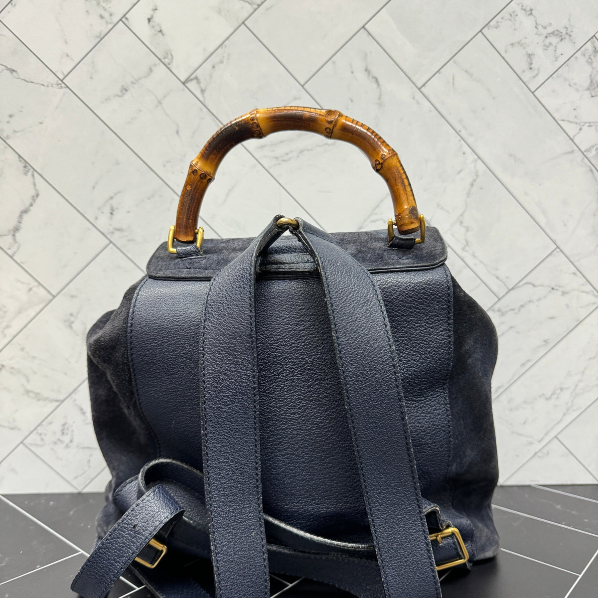 Gucci Navy Blue Suede Bamboo Small Backpack