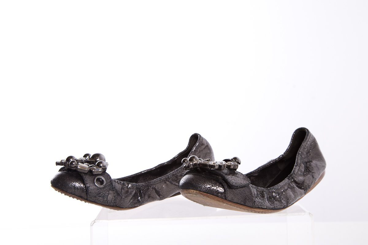 Miu Miu Metallic Grey Leather Crystal Embellishments Ballet Flats SZ 38.5
