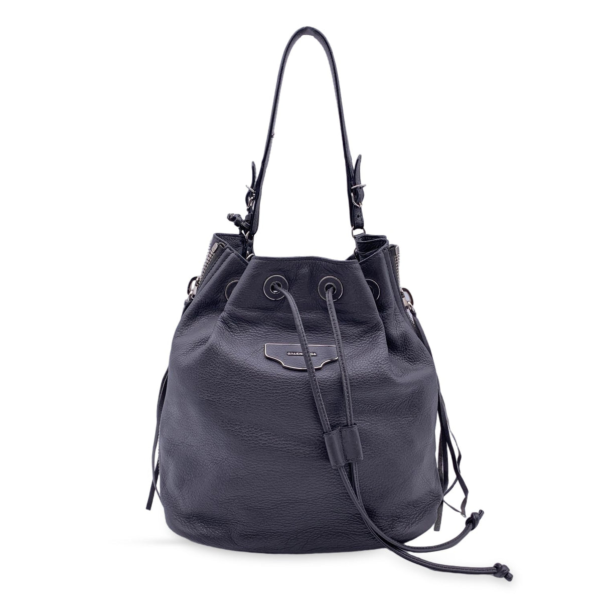 balenciaga Grey Leather Papier Plate Bucket Drawstring Bag