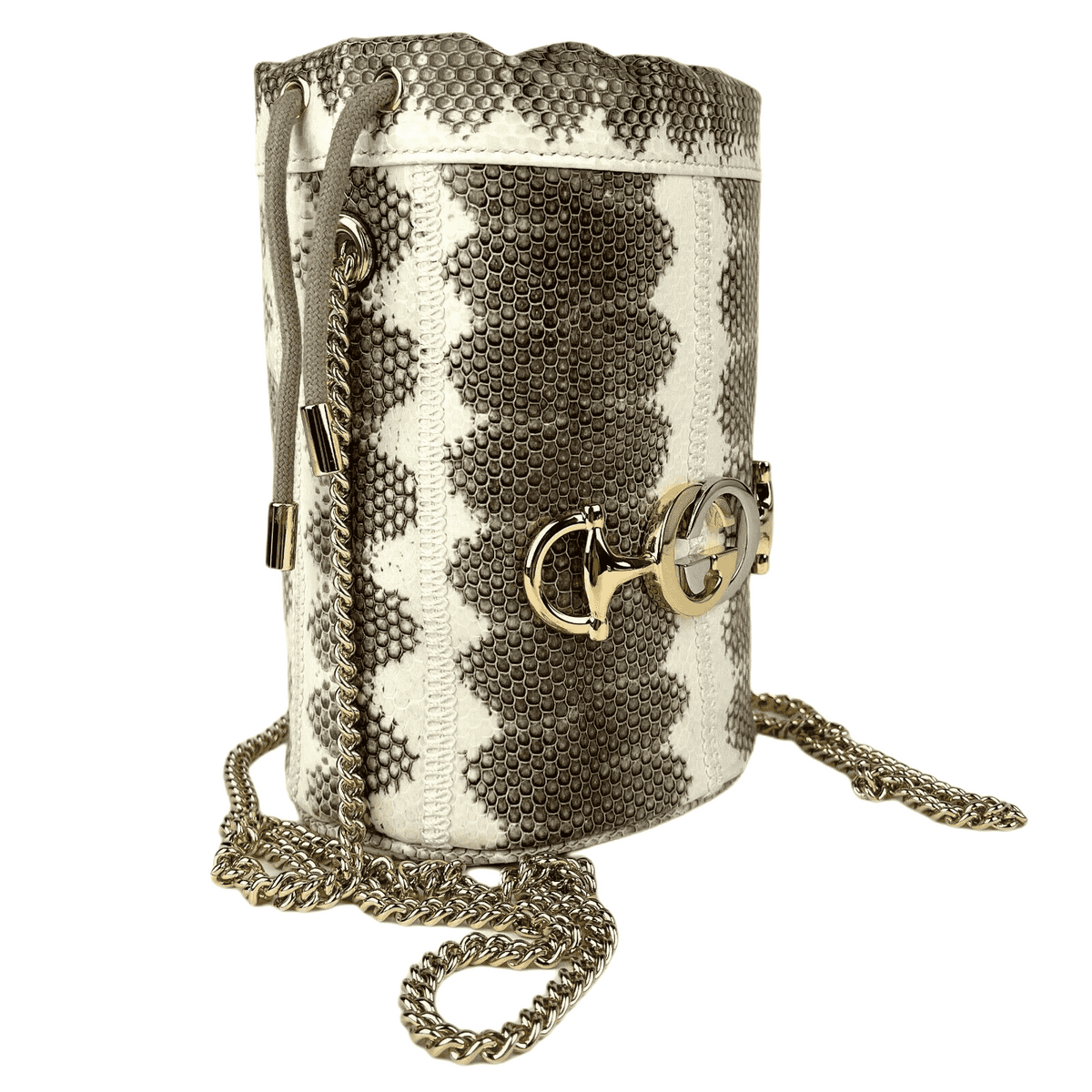 Gucci Women's Zumi White/Gray Snakeskin Mini Drawstring Bucket Chain Bag 576432 9599