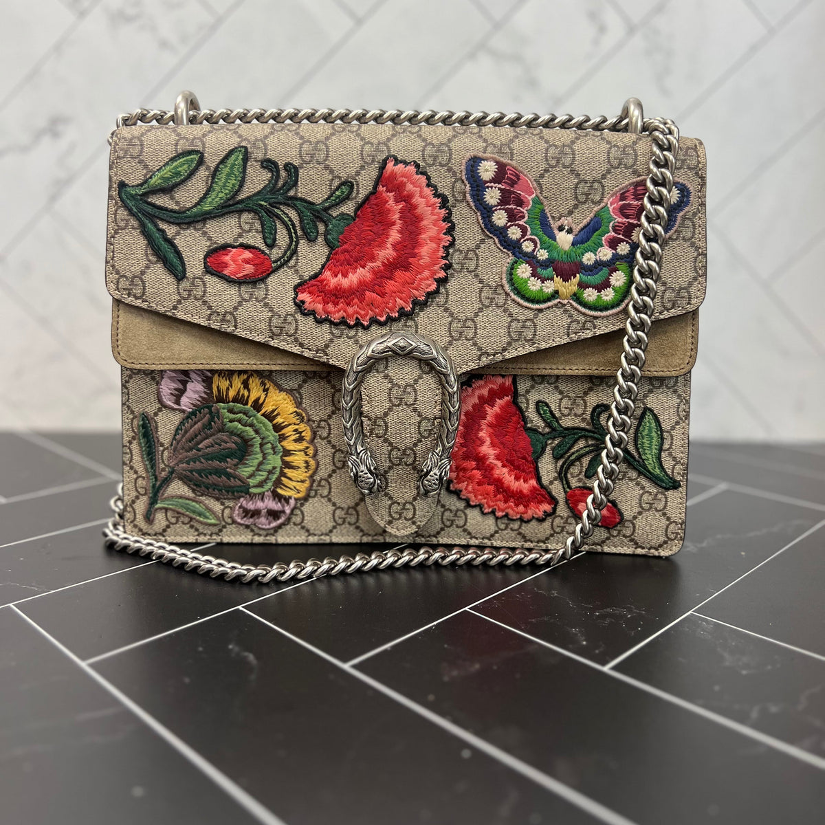 Gucci Supreme Embroidered Floral Butterfly Coated Canvas Dionysus Shoulder Bag