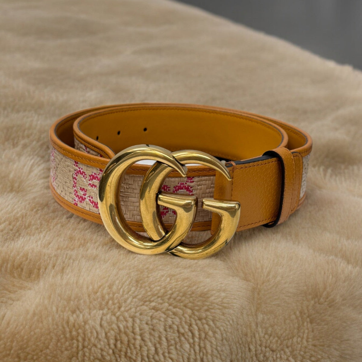 BRAND NEW- Gucci Women’s Raffia Textured Dollar Calfskin GG Belt Size 34