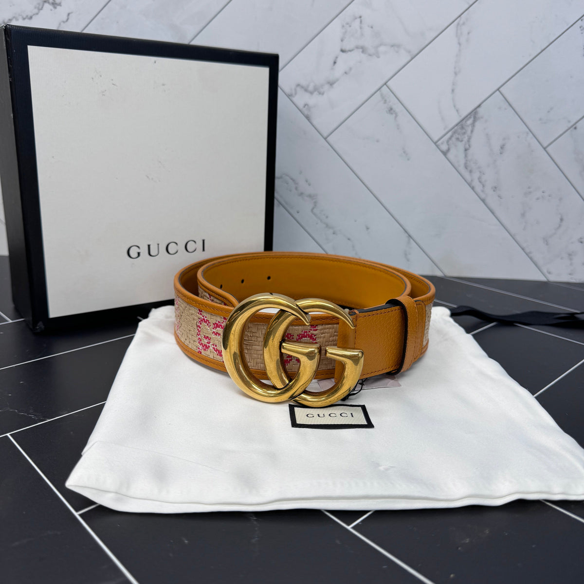 BRAND NEW- Gucci Women’s Raffia Textured Dollar Calfskin GG Belt Size 34