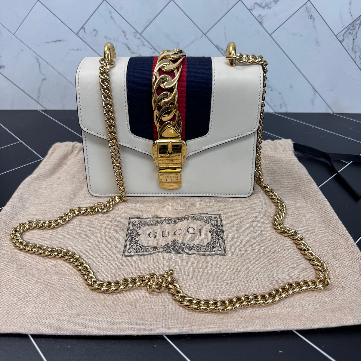 LIKE NEW Gucci White Sylvie Leather Chain Crossbody Bag
