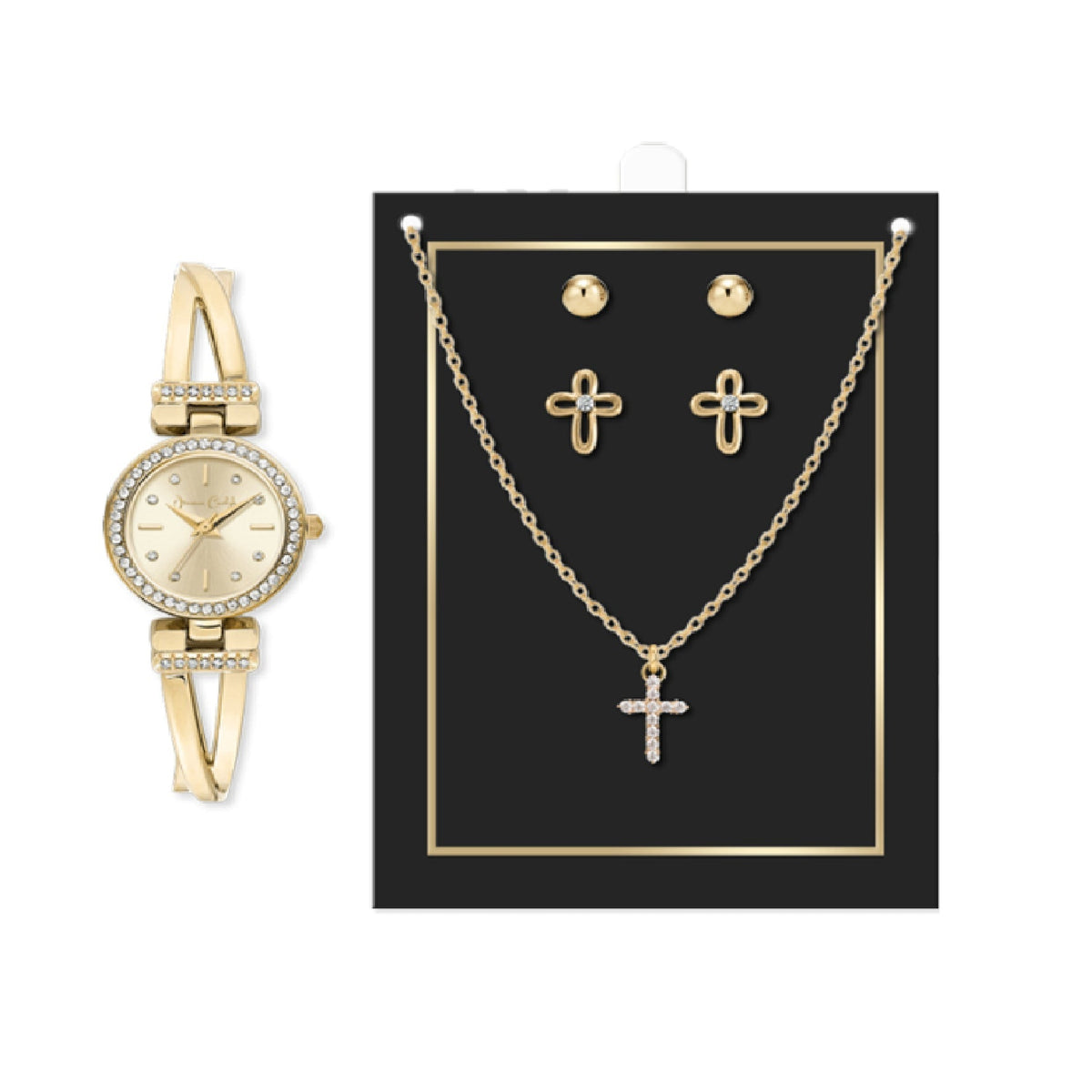 Jessica Carlyle Ladies Metal Watch/Cross Necklace/Earring Set