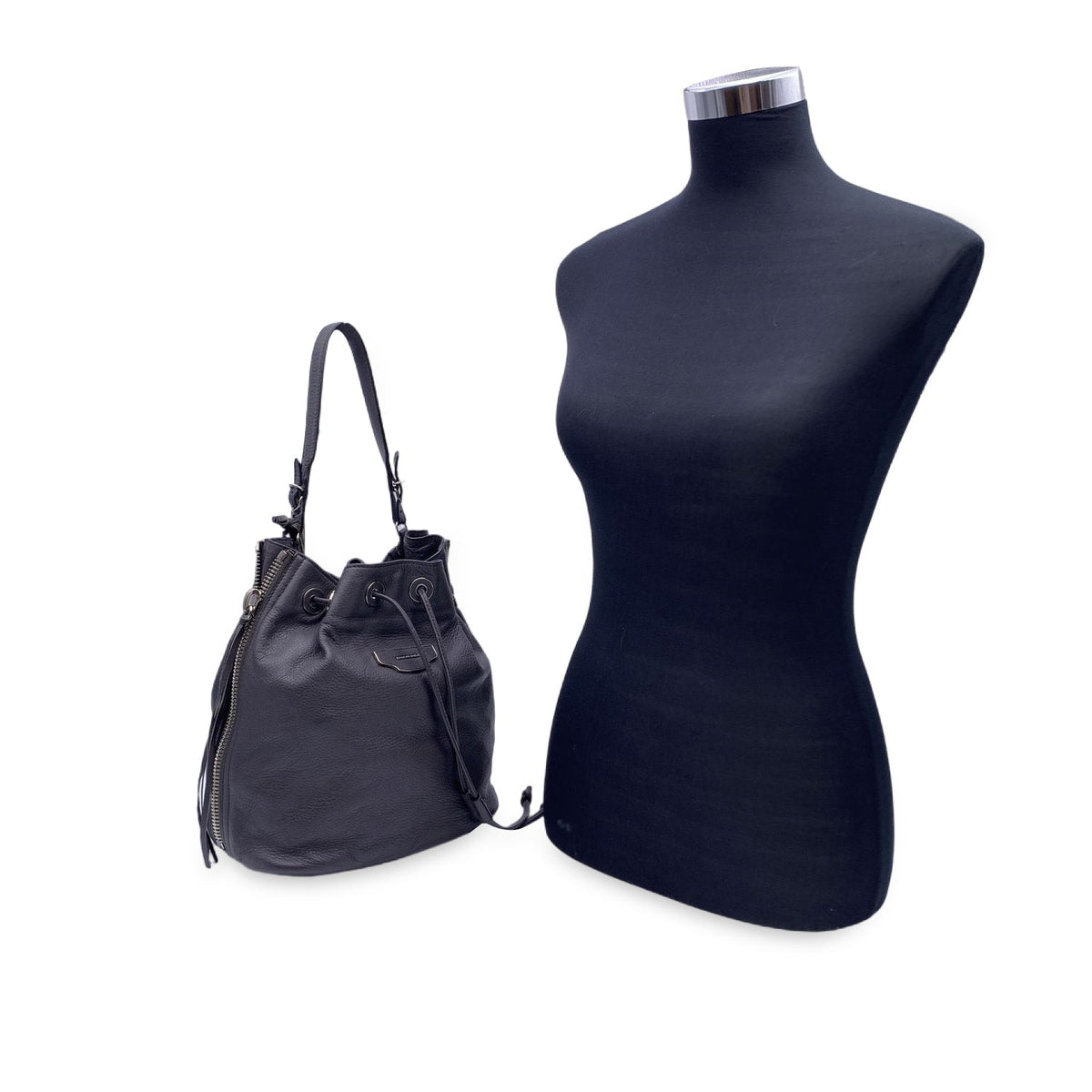 balenciaga Grey Leather Papier Plate Bucket Drawstring Bag