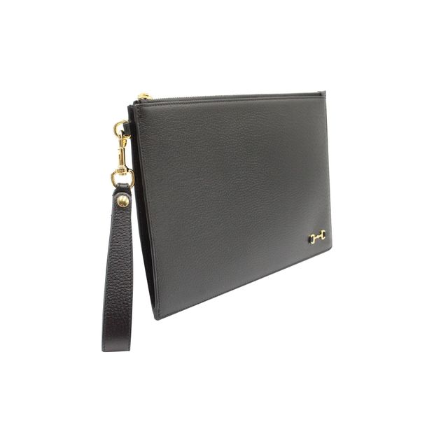 GUCCI Horsebit Top Zip Wrist Pouch in Black Leather