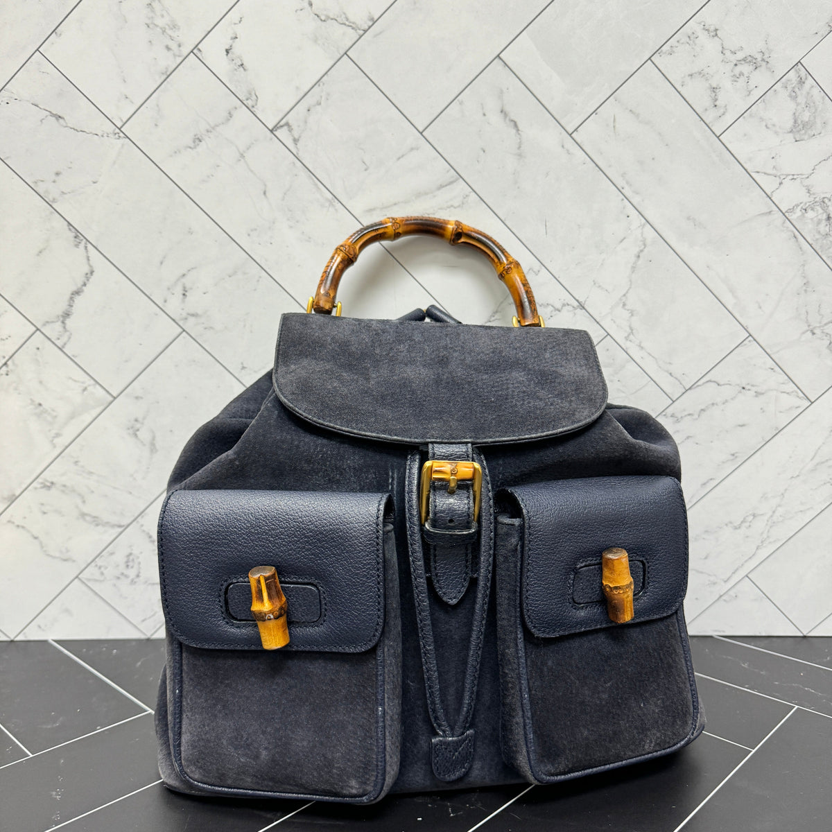 Gucci Navy Blue Suede Bamboo Small Backpack