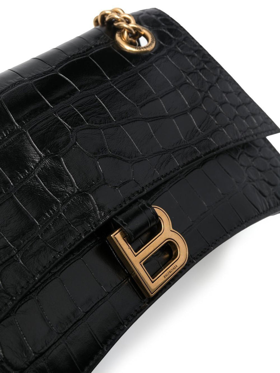 BALENCIAGA Mini Crocodile-Embossed Leather Shoulder Bag with Chain Strap