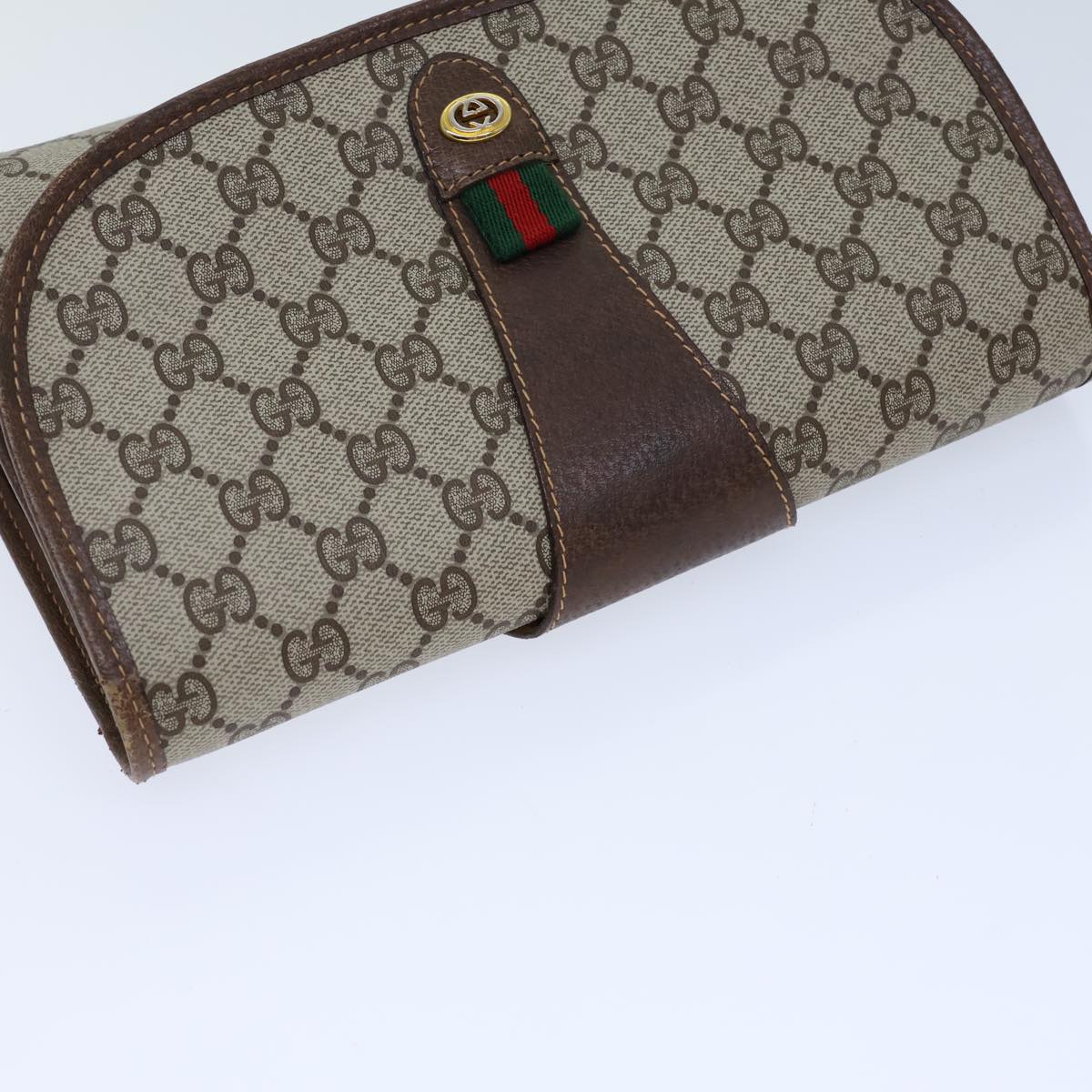 GUCCI GG Canvas Web Sherry Line Clutch Bag PVC Beige Green Red Auth 72156