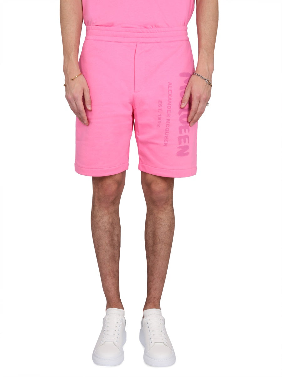 Alexander Mcqueen Men Bermuda Shorts With Graffiti Logo Print