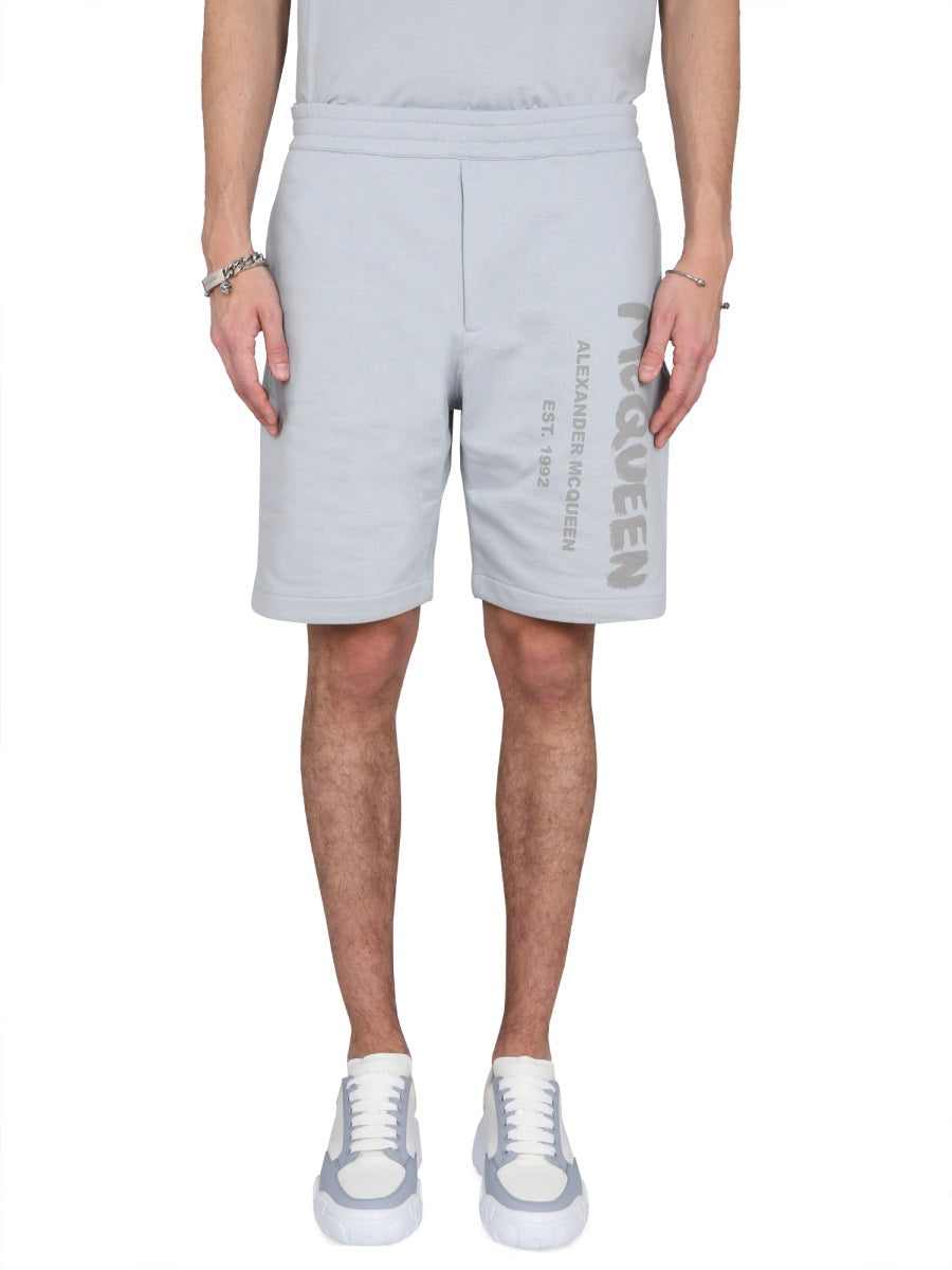 Alexander Mcqueen Men Bermuda Shorts With Graffiti Logo Print