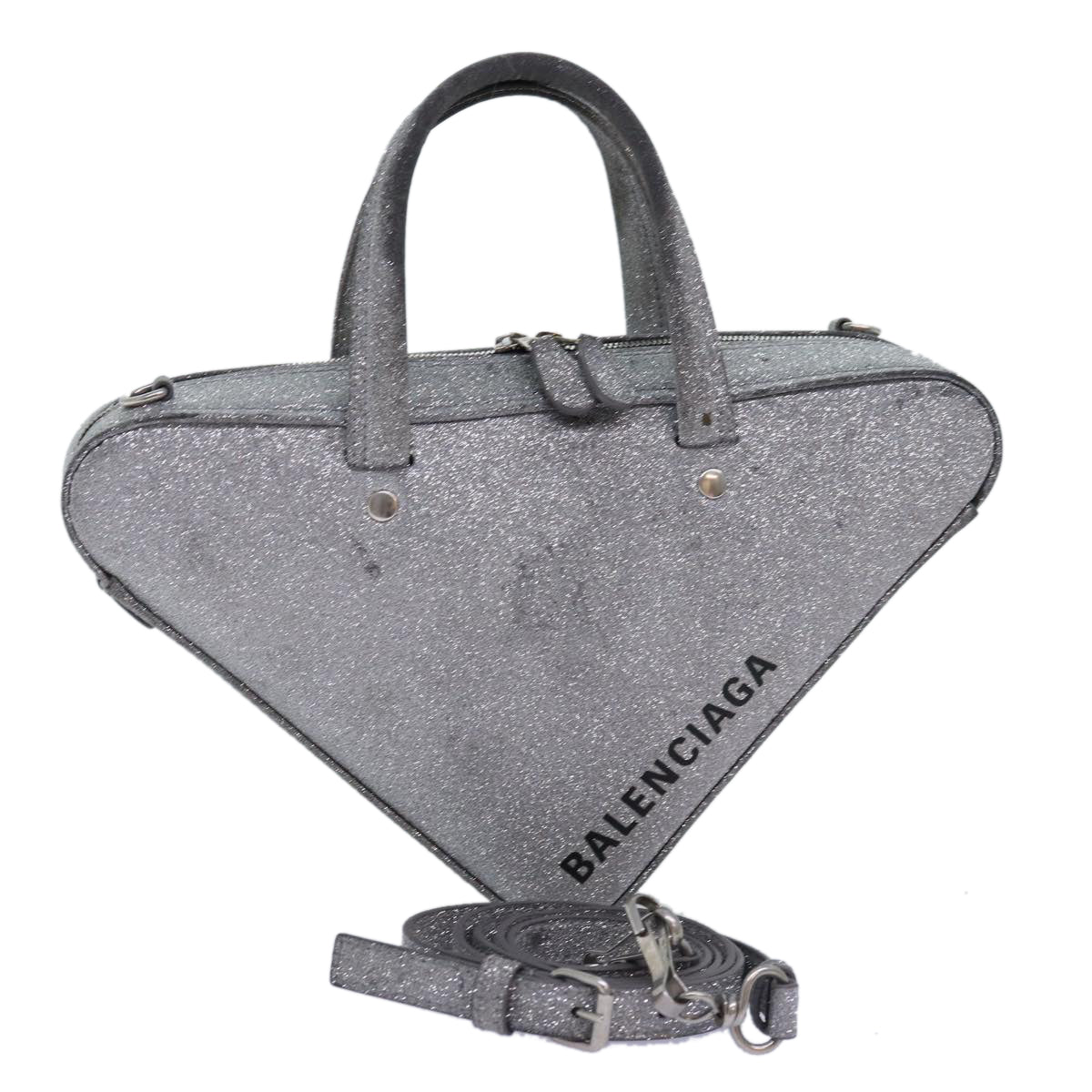 balenciaga Triangle Duffle XS Hand Bag Leather 2way Silver 531048 Auth 74610