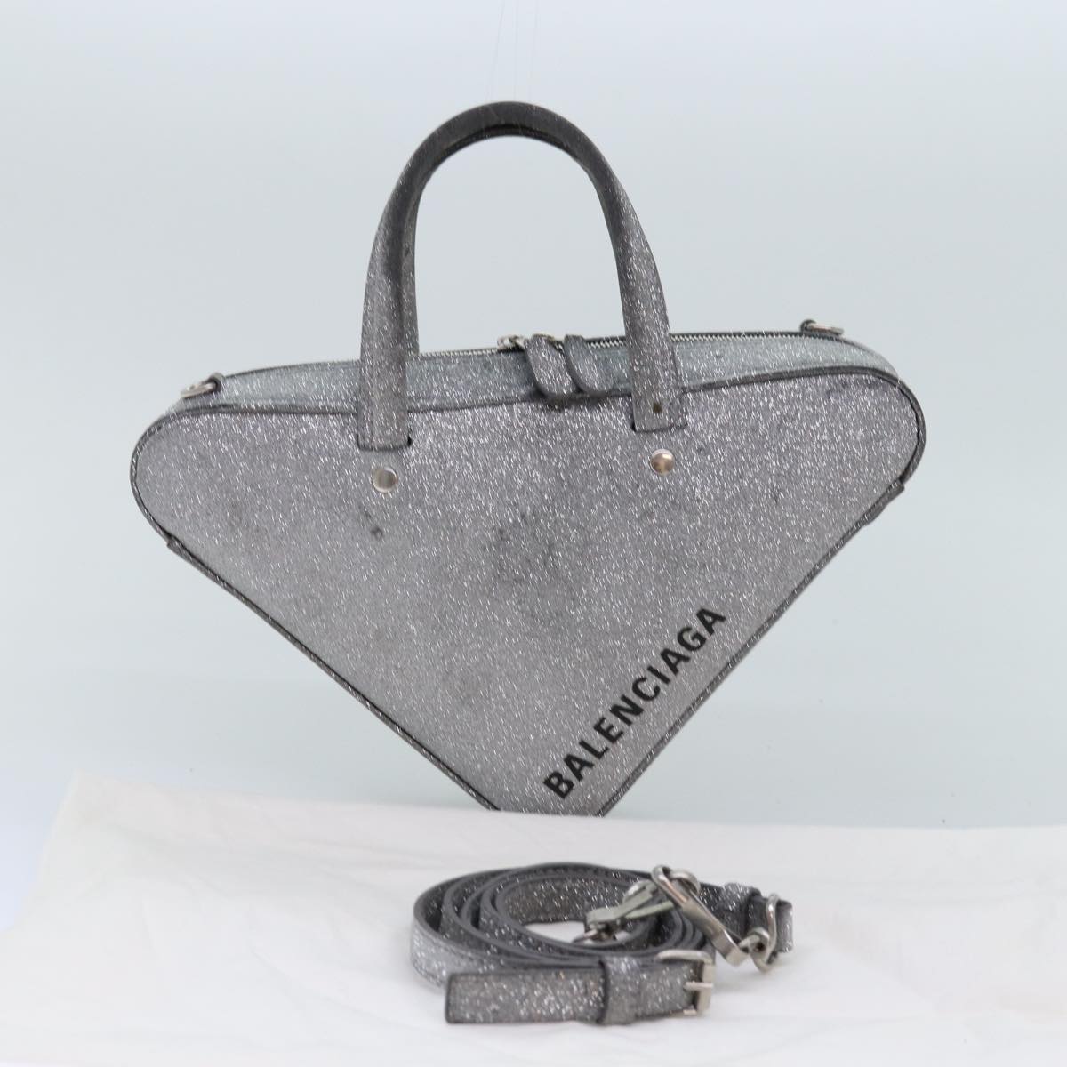 balenciaga Triangle Duffle XS Hand Bag Leather 2way Silver 531048 Auth 74610