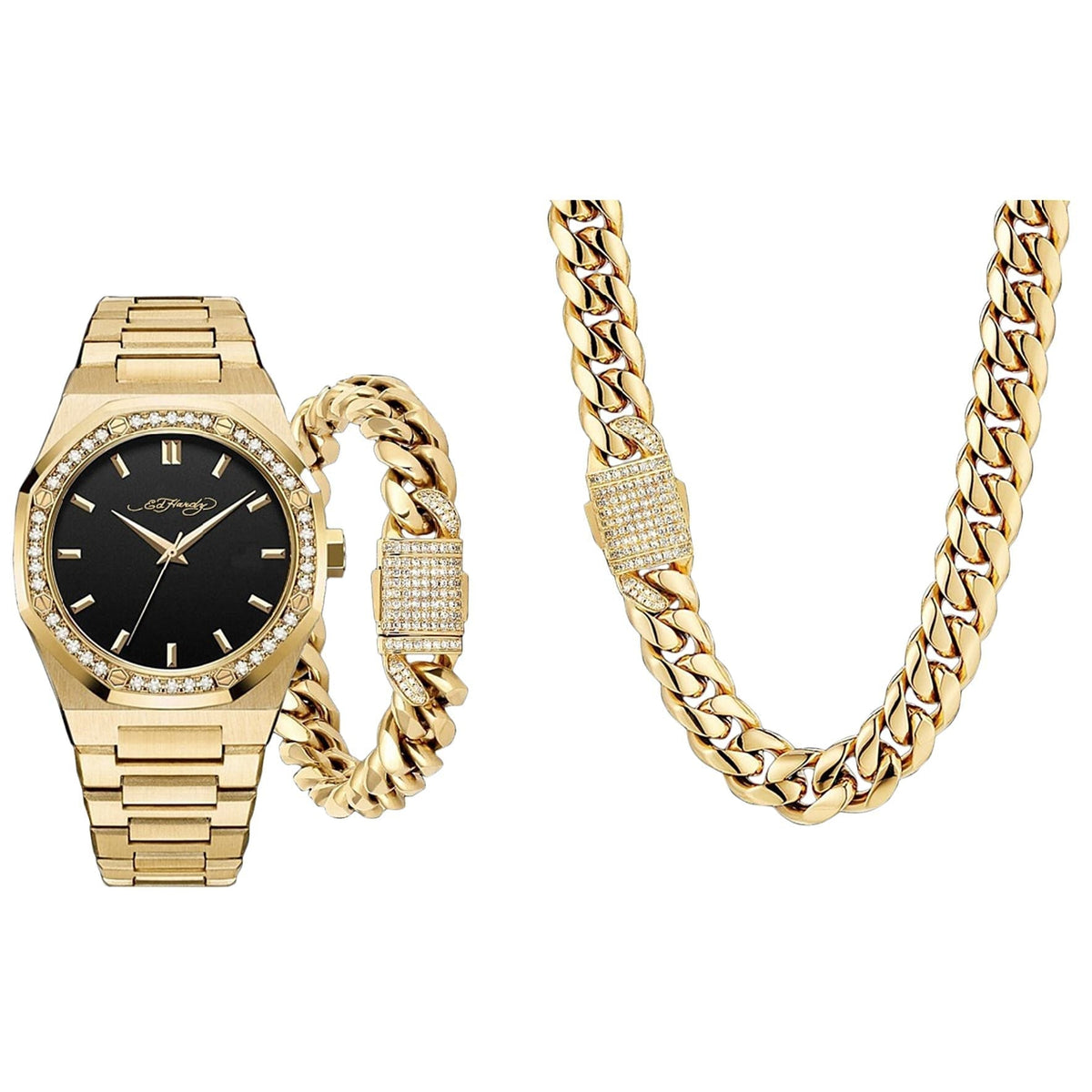 Ed Hardy Men's Shiny Gold Metal Bracelet Watch 42mm Gift Set