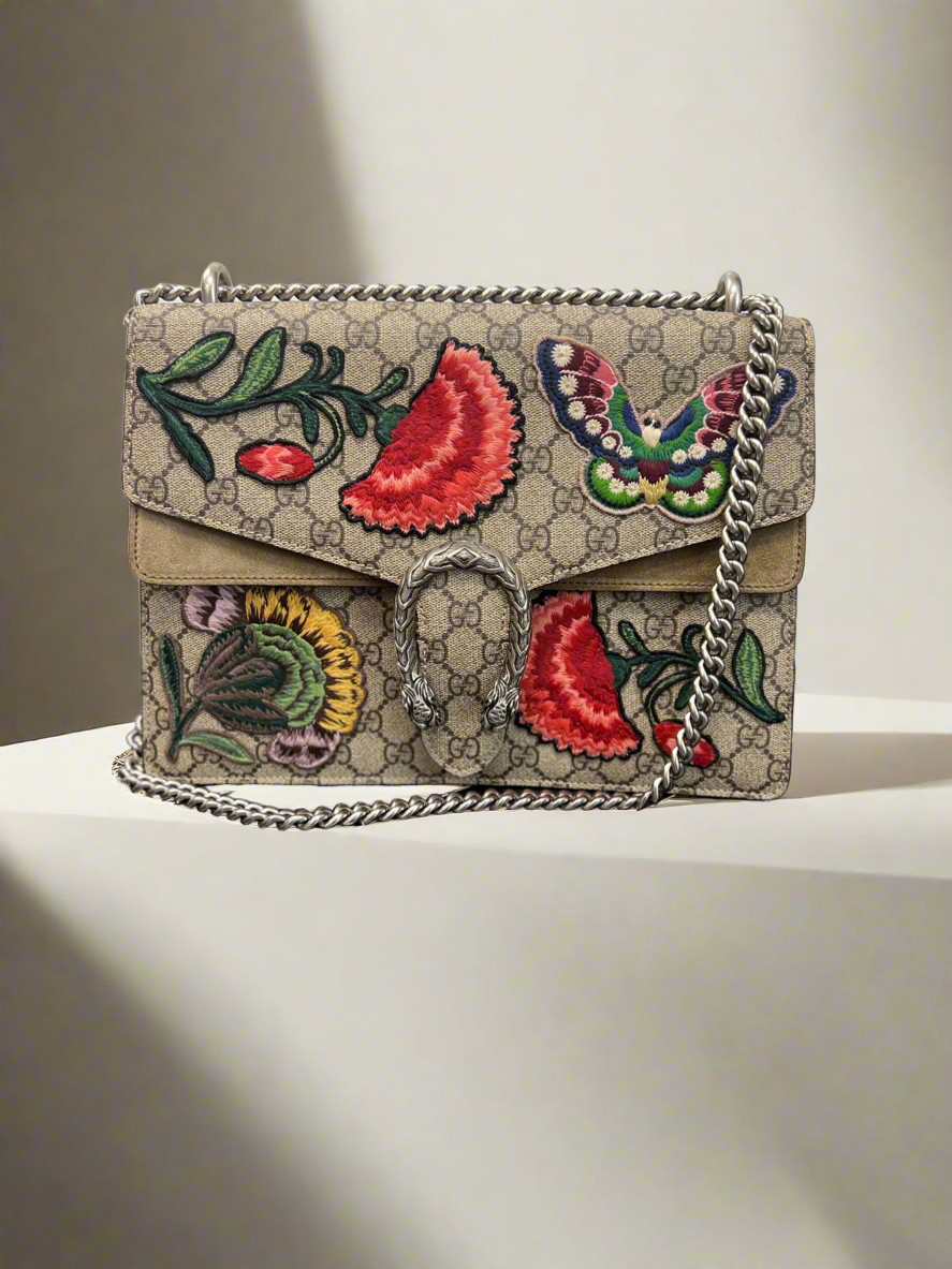Gucci Supreme Embroidered Floral Butterfly Coated Canvas Dionysus Shoulder Bag