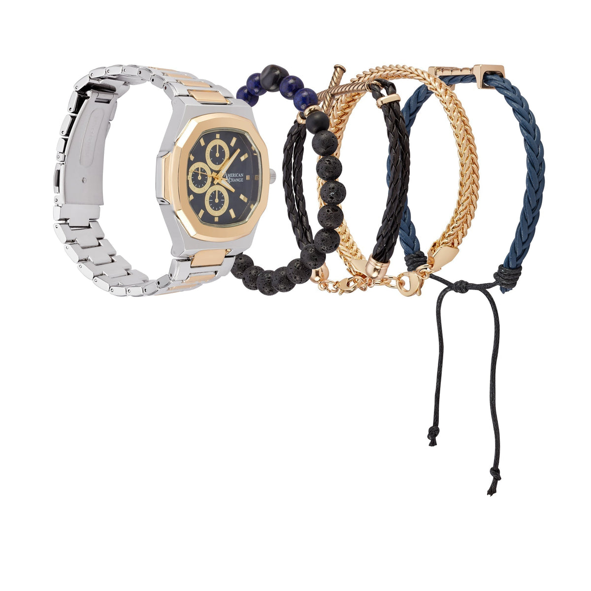 American Exchange Men's Analog Watch And 4 Piece Bracelet Set, Navy/Two Tone