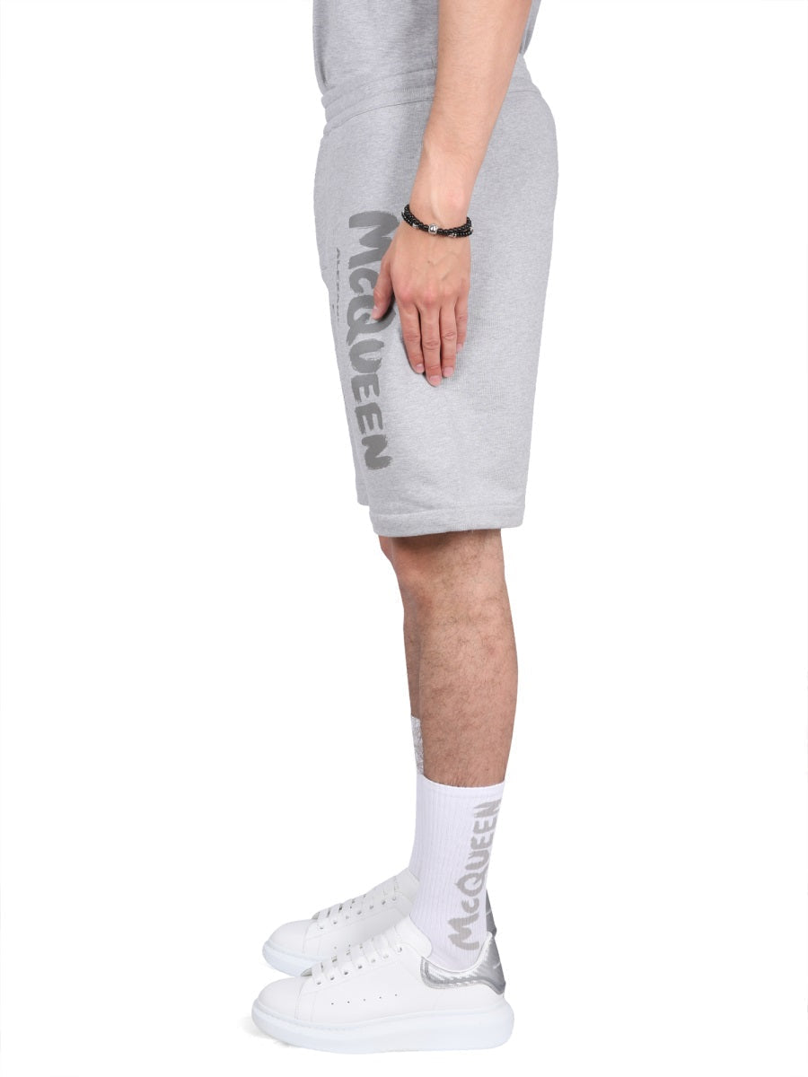 Alexander Mcqueen Men Bermuda Shorts With Graffiti Logo Print