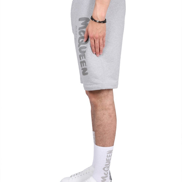 Alexander Mcqueen Men Bermuda Shorts With Graffiti Logo Print