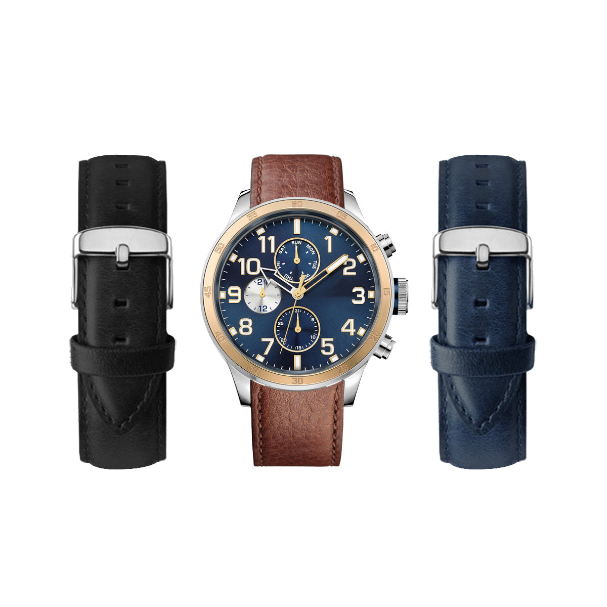 Men's Gold Tone Case Watch with Navy, Brown, Black Interchangeable Straps