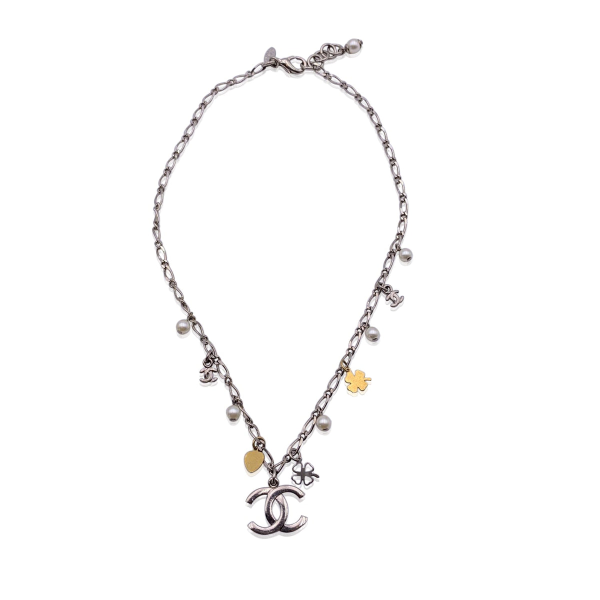 Top Quality Chanel Silver Metal Chain Necklace With Charms Cc Logo Pendant