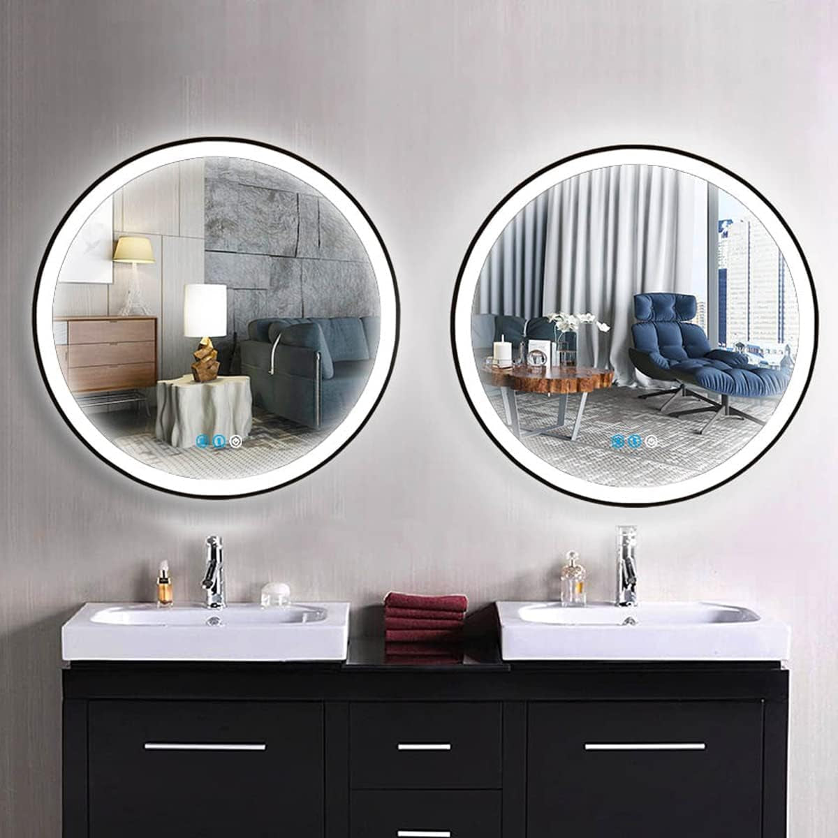 Black Frame round LED Bathroom Mirror with Lights for Bathroom Wall Black Lighte