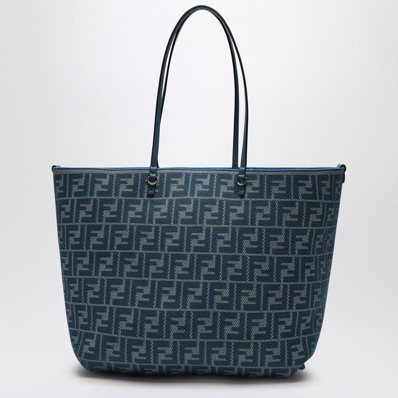 Fendi Reversible Roll Large Shopper In Blue Striped Fabric Women