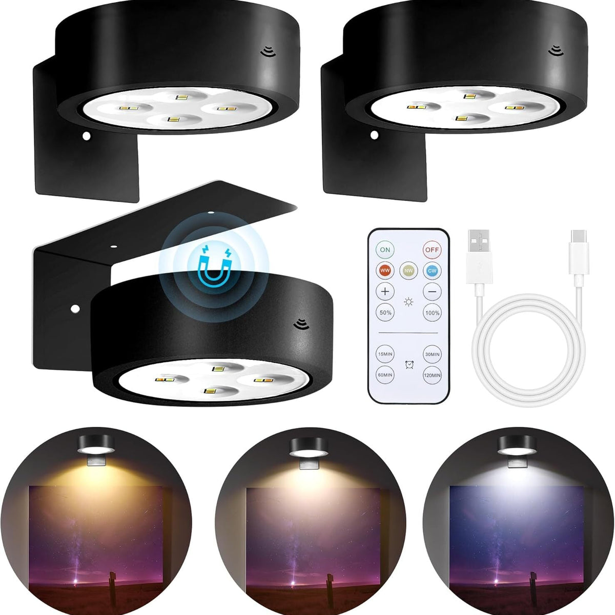 3-Pack Picture Lights for Wall, Rechargeable Battery Operated LED Painting Light