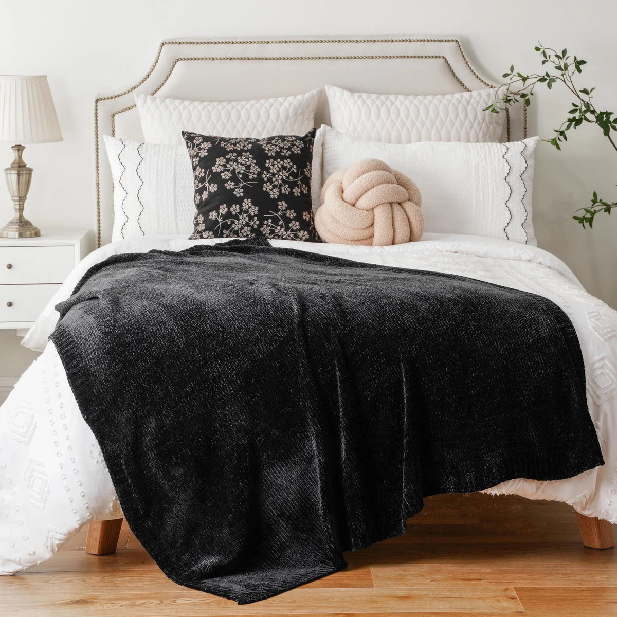 Black Chenille Throws for Couch,Soft Lightweigt Knitted Blanket for Living Room,51"X 67"