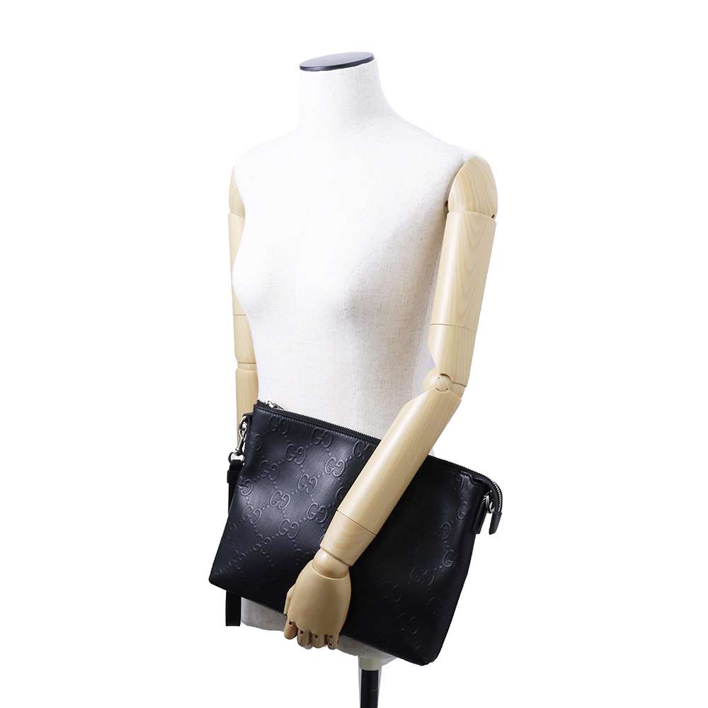 GUCCI GG embossed 2WAY Clutch Bag Black 696009 Leather Size Medium