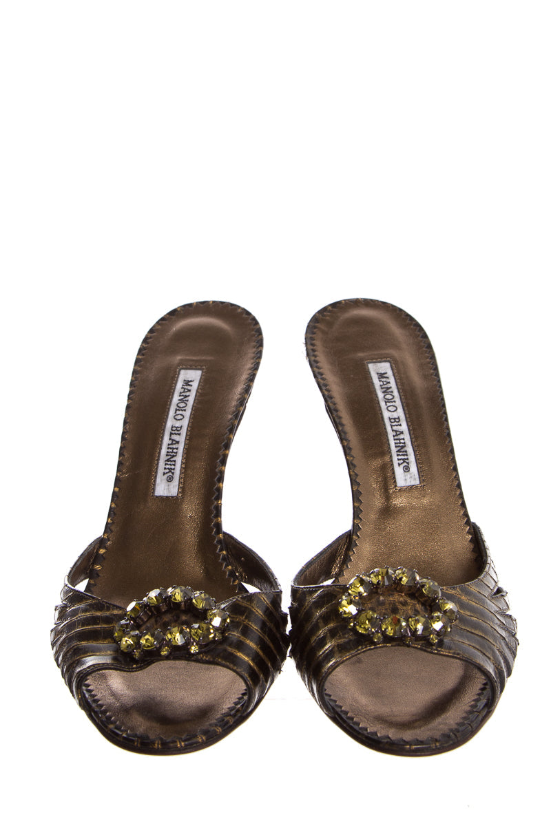 Manolo Blahnik Olive Embossed Exotic Leather Mules SZ 39