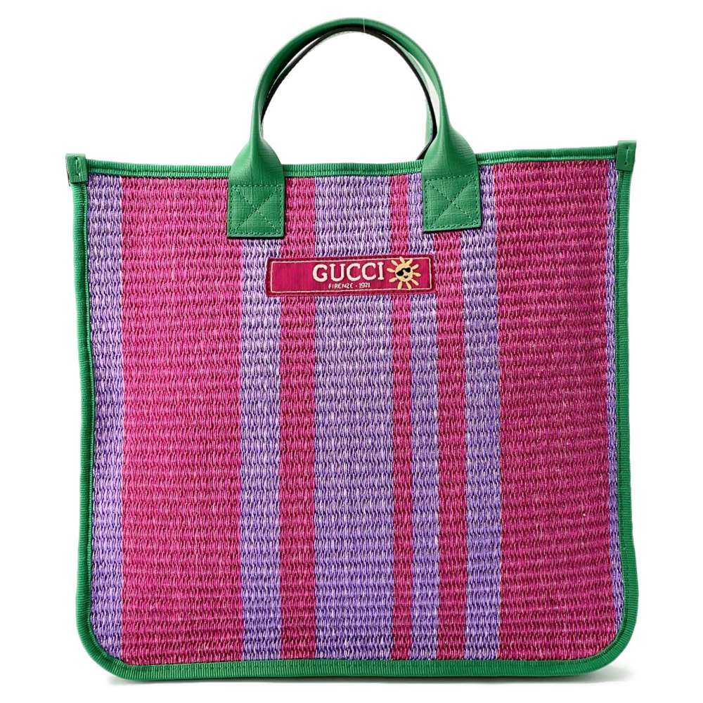 GUCCI Cherie Kids Tote Bag Green/Purple 605831 CanvasTrim Raffia-like fabric