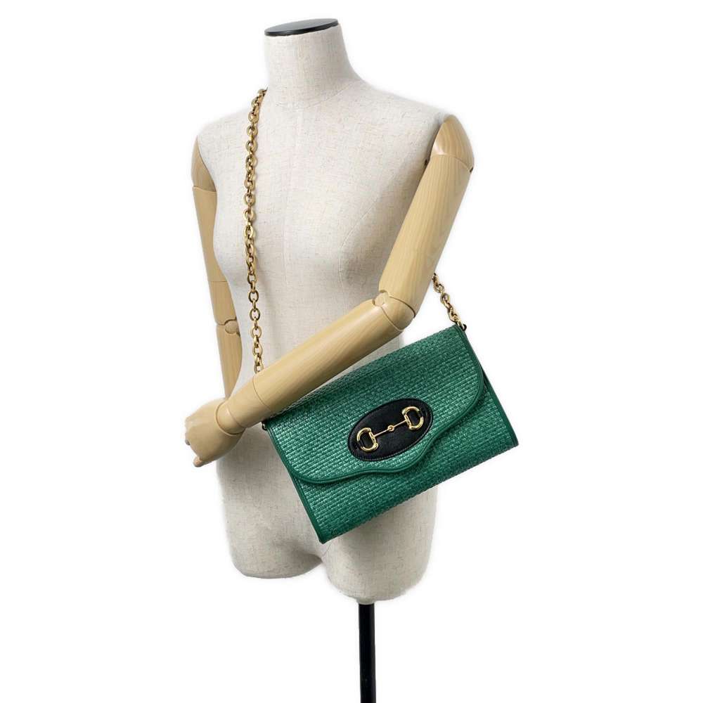 GUCCI Horsebit Chain Shoulder Bag Green 655667 Straw
