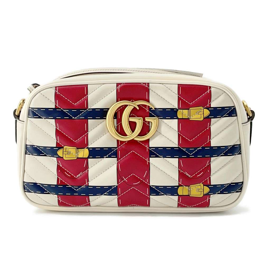 GUCCI GG Marmont Quilted Small Shoulder Bag Ivory/Red 447632 Leather